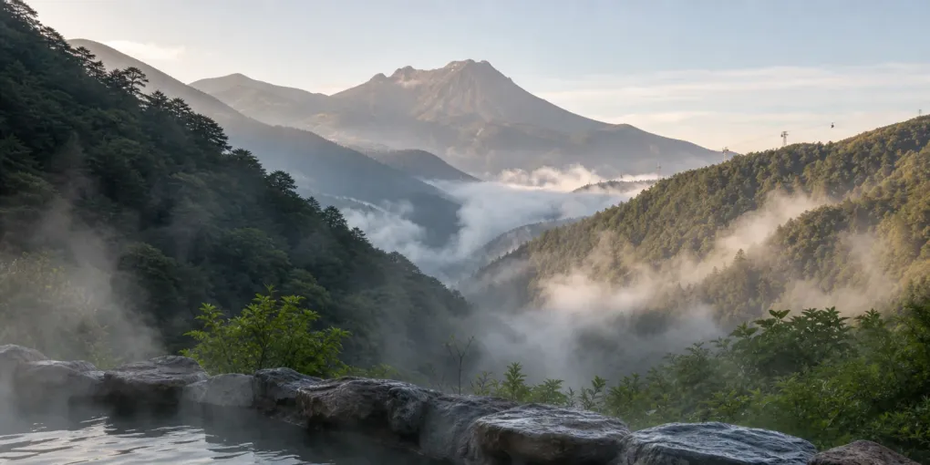 Steaming open-air hot spring bath overlooking forested volcanic mountains in Hakone with morning mist in the valley