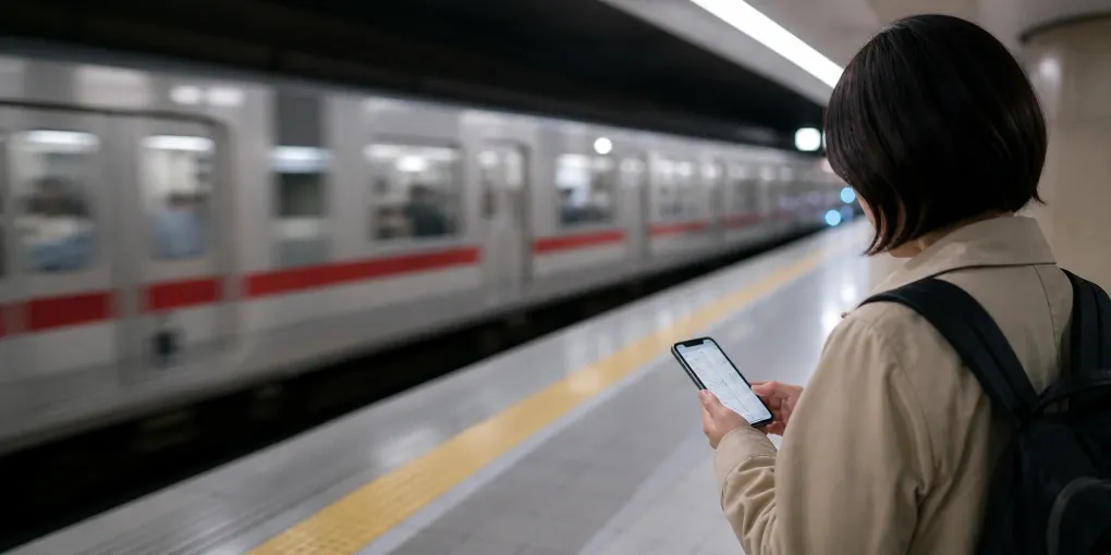 A traveler checks a route on a clean Tokyo-style subway platform.