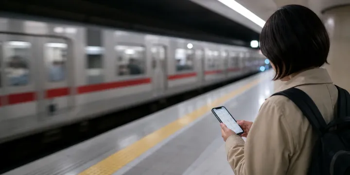 A traveler checks a route on a clean Tokyo-style subway platform.