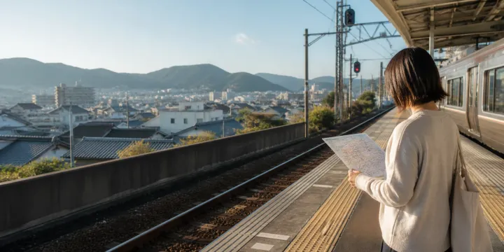 A traveler studies a transit map at a quiet unbranded railway station in Kansai.
