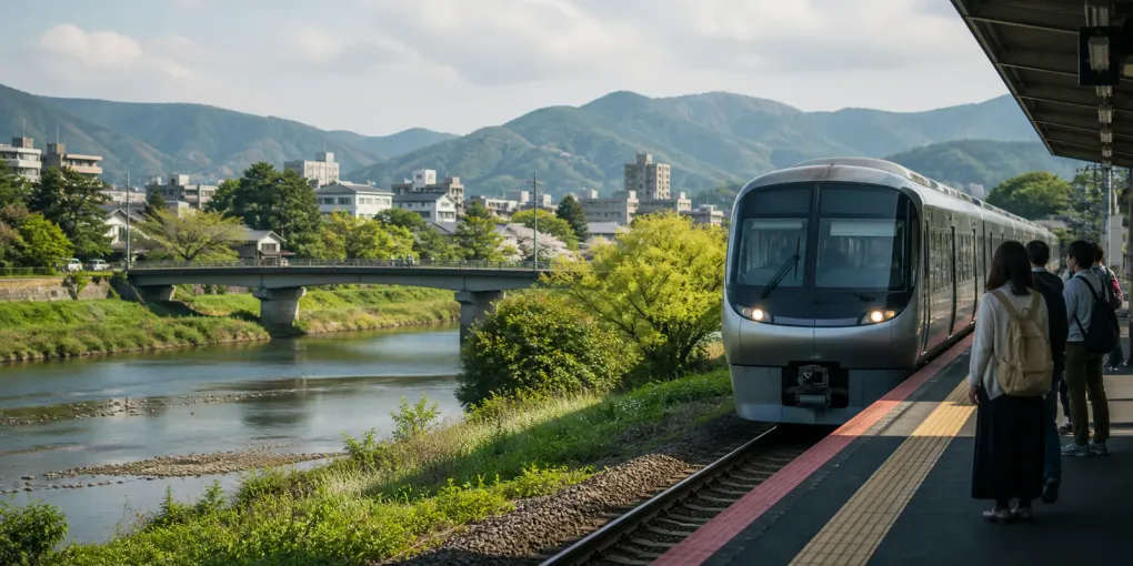 An unbranded train travels through a green urban landscape between Kyoto and Osaka.