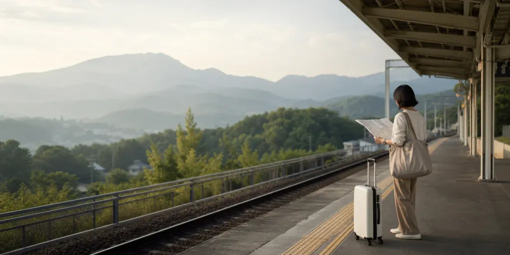 A traveler studies a rail map on a Japanese station platform with mountains beyond.