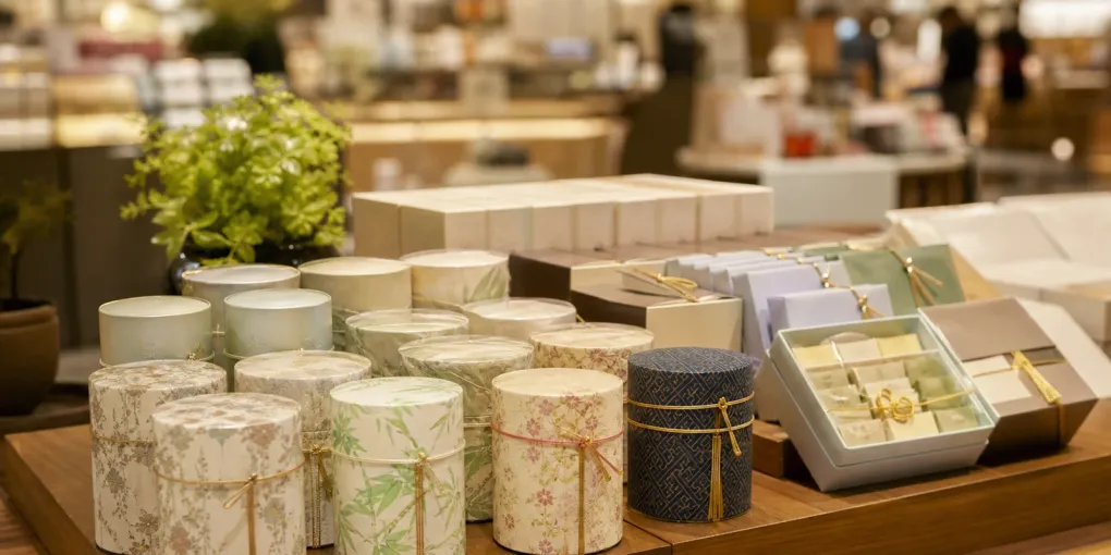 A Japanese department store food hall counter with wrapped tea and confectionery on display