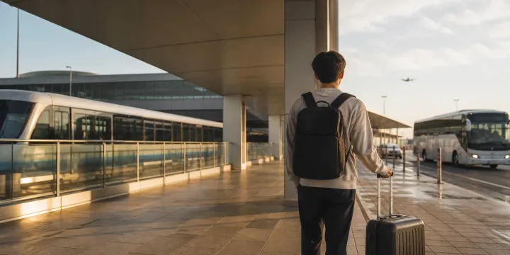 A traveler with a carry-on considers rail and bus options at a Japanese airport.