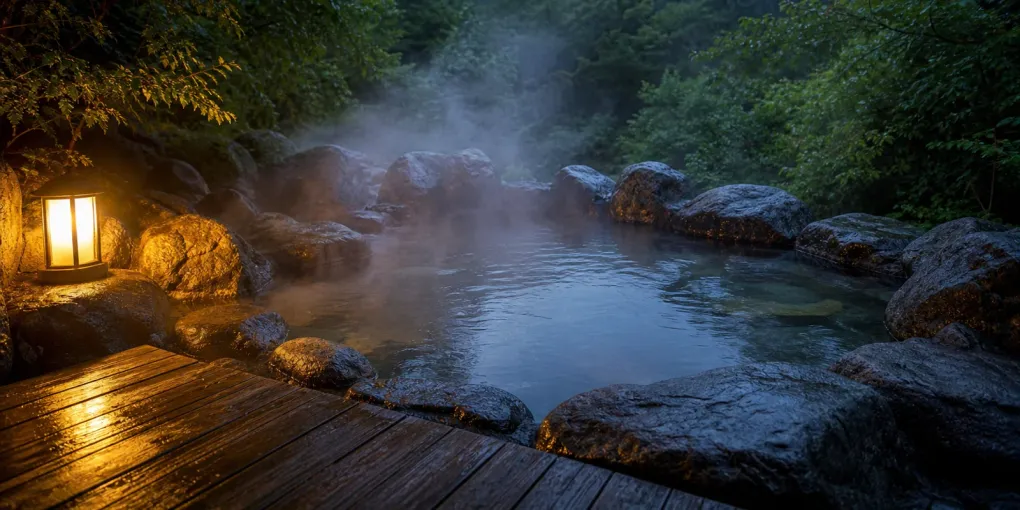 Steam rising from a small stone open-air hot spring bath surrounded by rocks and greenery at dusk