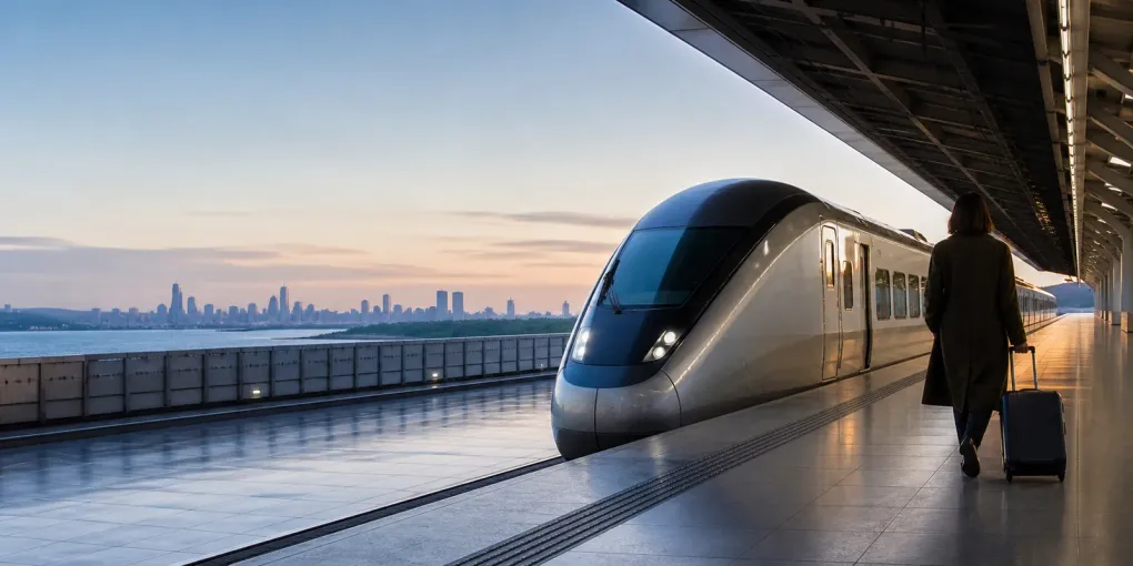 A traveler with a suitcase stands beside an unbranded Japanese airport express train.