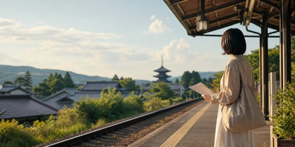 A traveler waits beside an unbranded private railway platform in the Kansai countryside.