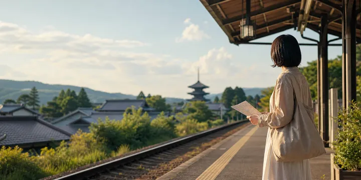 A traveler waits beside an unbranded private railway platform in the Kansai countryside.