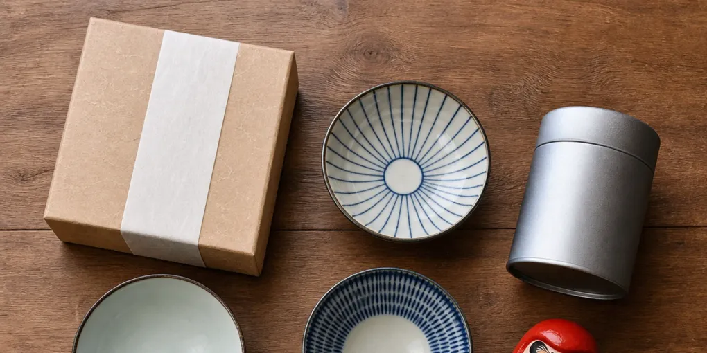 Overhead view of Japanese souvenirs on a wooden table: a paper-wrapped gift box, blue and white ceramic bowls, a metal tea tin and a small daruma doll