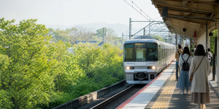 A modern unbranded train arrives at a green suburban station in Kansai.