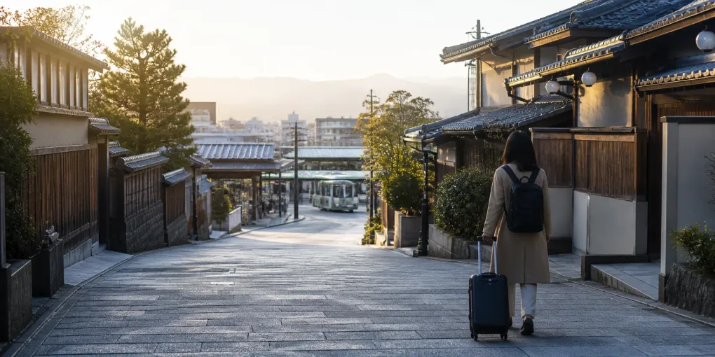 A traveler with a small suitcase stands on a quiet Kyoto-style street at dawn.