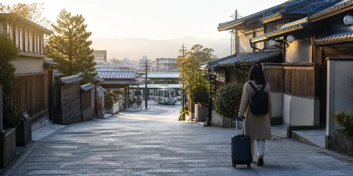 A traveler with a small suitcase stands on a quiet Kyoto-style street at dawn.