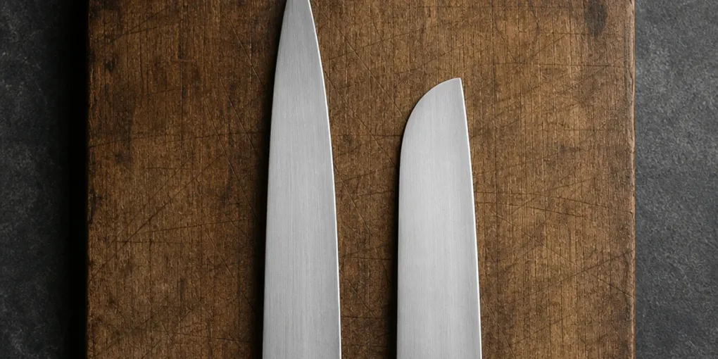 Two Japanese kitchen knives on a wooden board, one long and pointed, one shorter with a rounded tip