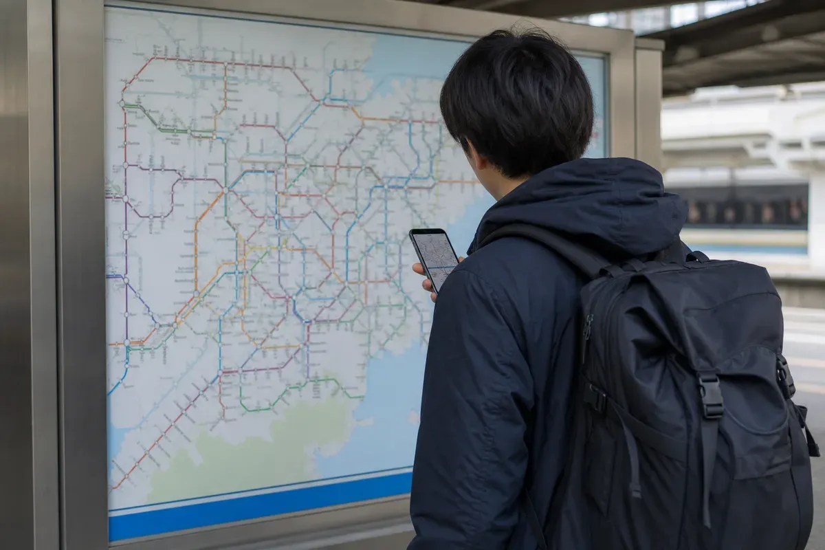 A traveler checks an abstract route map at a Japanese station