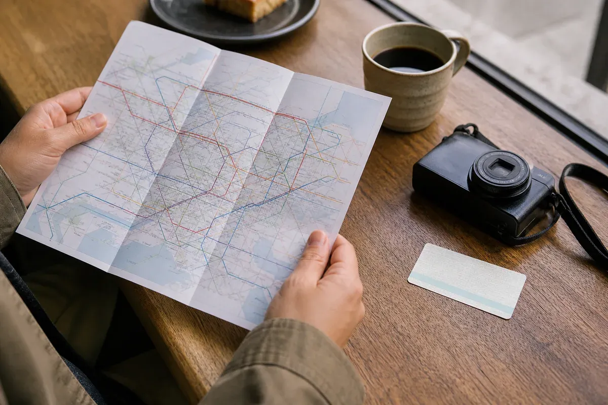 A traveler planning a Japan rail journey with a paper map and a train ticket