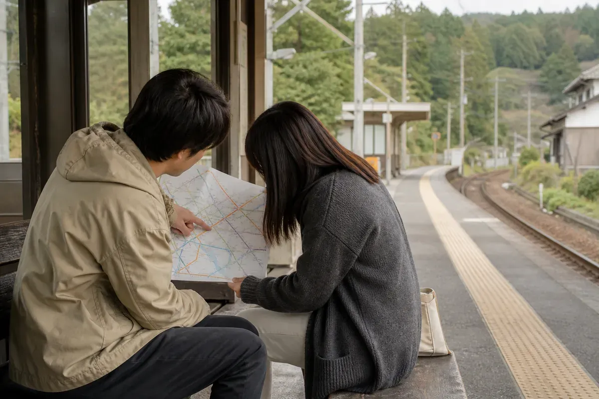 Travelers compare an abstract transit map at a Japanese station bench