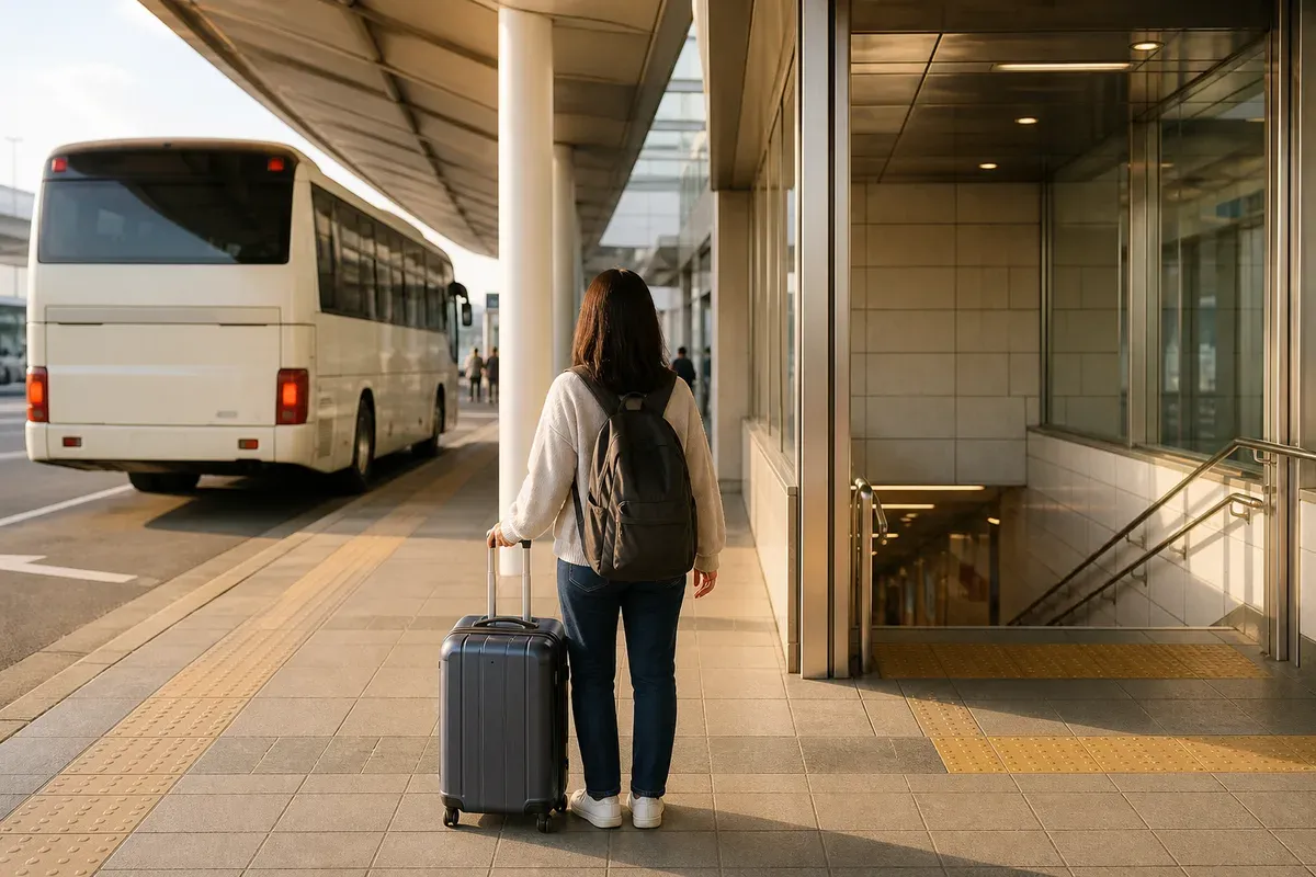 A traveler with luggage chooses between an airport bus bay and a rail entrance