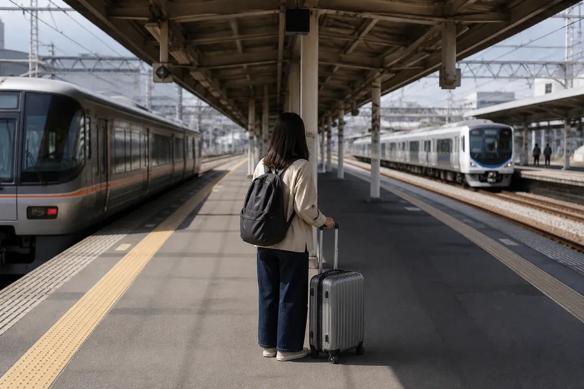 A traveler with a suitcase chooses between platform directions at a Japanese station