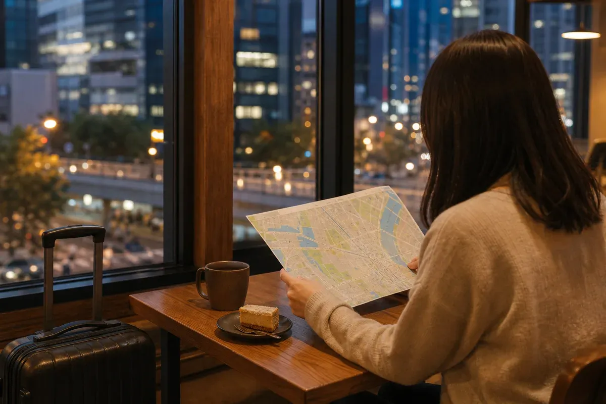 A traveler plans an Osaka hotel area at a cafe table beside a suitcase