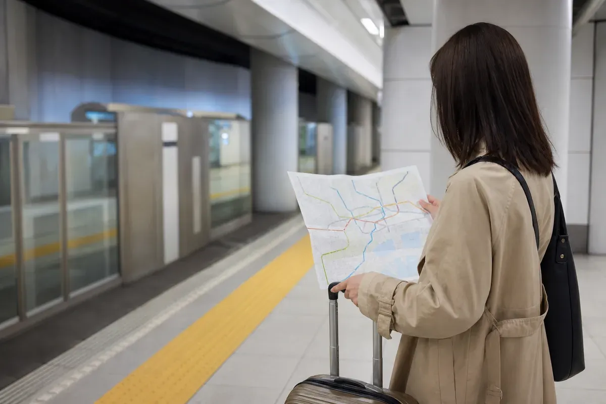 A traveler plans an airport rail connection beside a platform with a suitcase