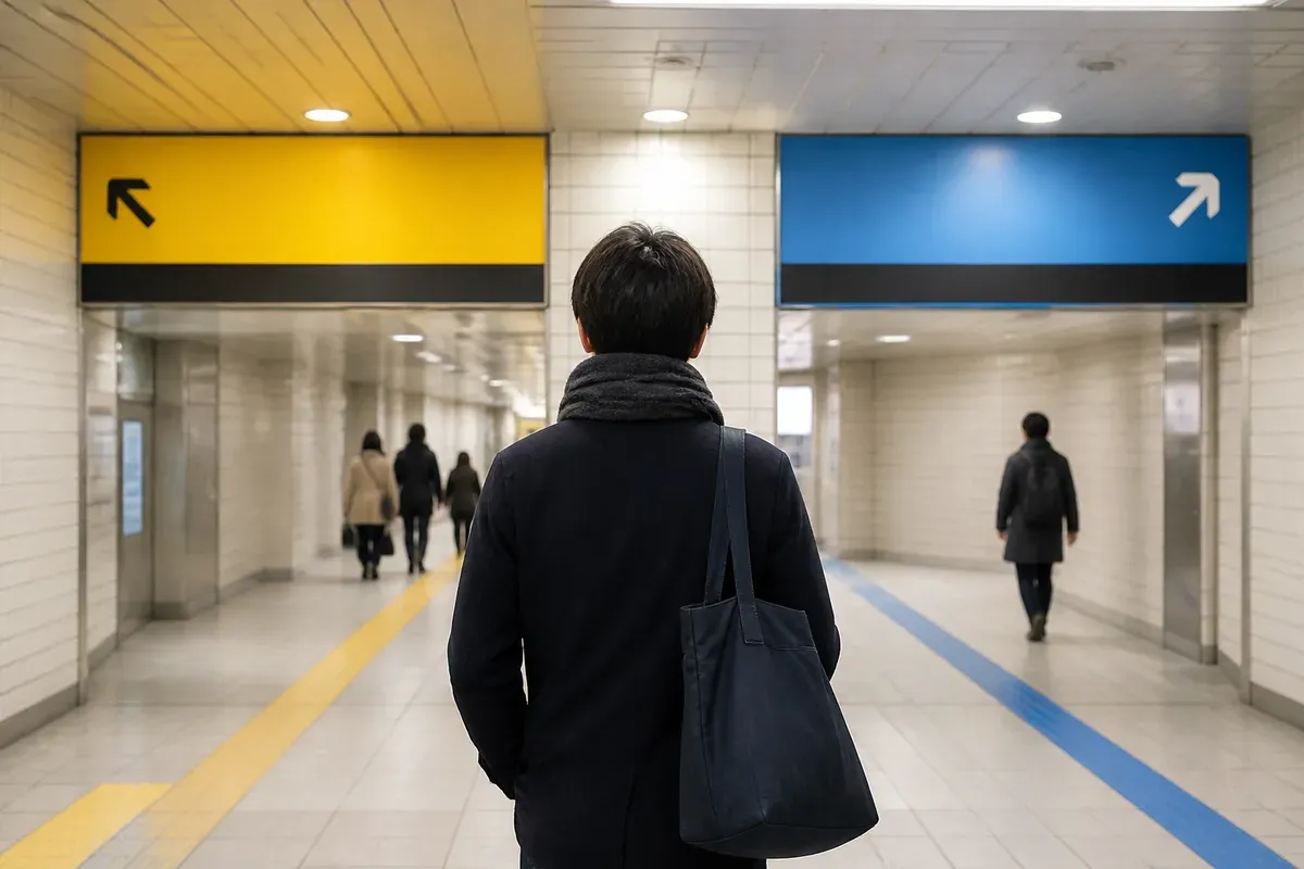 A traveler chooses between two abstract underground station directions