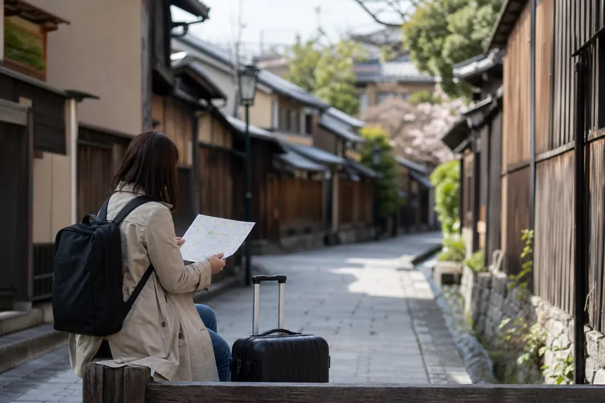 A traveler checks an abstract city map on a calm Kyoto-style street